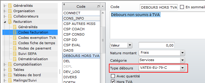 Config codes facturation