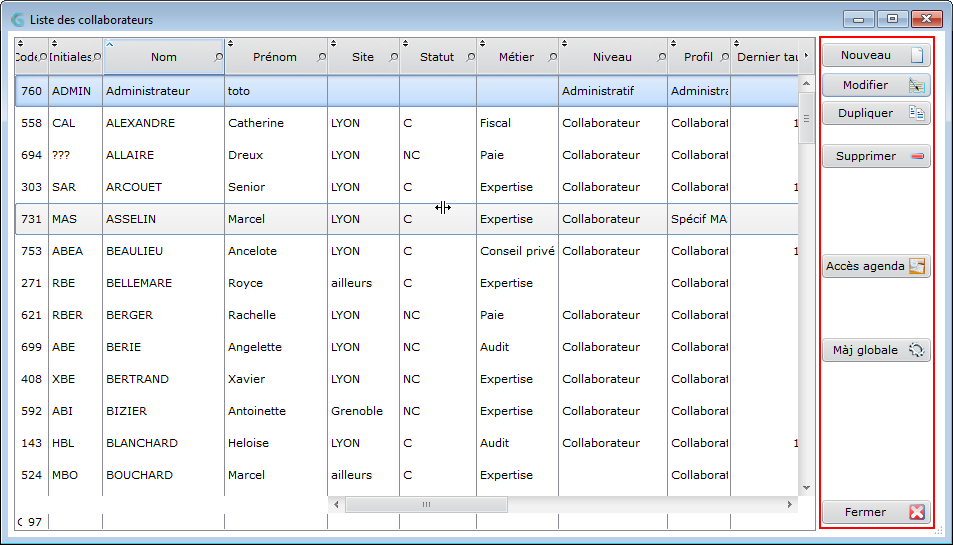 Liste des collaborateurs avec boutons Liste des collaborateurs avec boutons