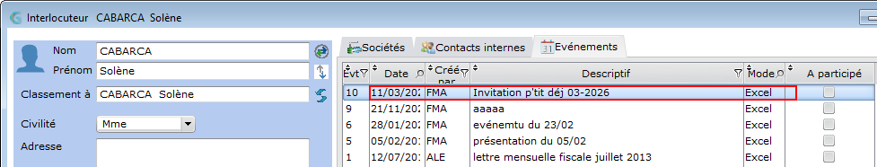 evénements de l'interlocuteur